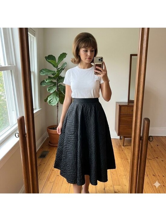 Vintage Dresses & Skirts - Vintage 60s Black Quilted Circle Skirt Rockabilly Pinup Mid Century Goth Pockets